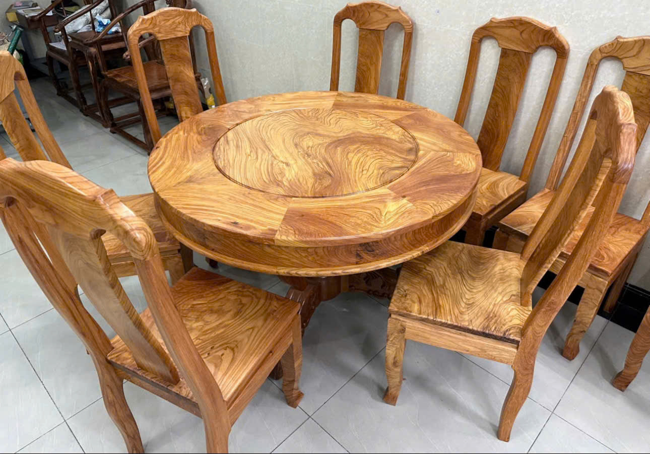 Bộ Bàn Ăn Tròn Mâm Xoay - 8 Ghế Nan Dọc Lưng Cong